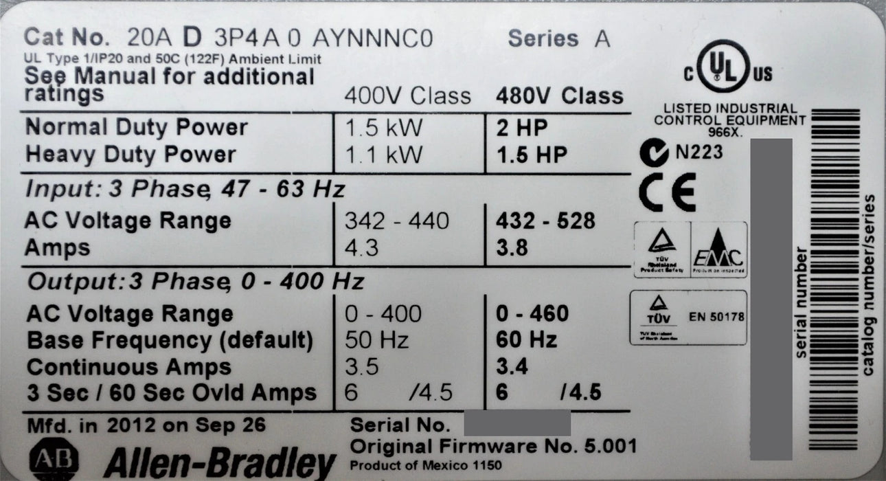Allen-Bradley 20AD3P4A0AYNNNC0 PowerFlex 70 2 HP 480 VAC 3.4 AC Drive FRN:5.001