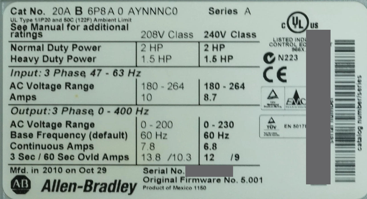 Allen-Bradley PowerFlex 70 2HP 20AB6P8A0AYNNNC0 FRN:5.001 Tested Good