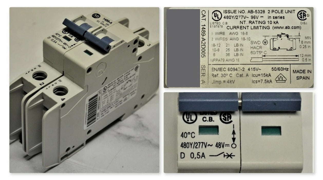 ALLEN BRADLEY 1489-A2D005 SER.A CIRCUIT BREAKER 2P TESTED GOOD