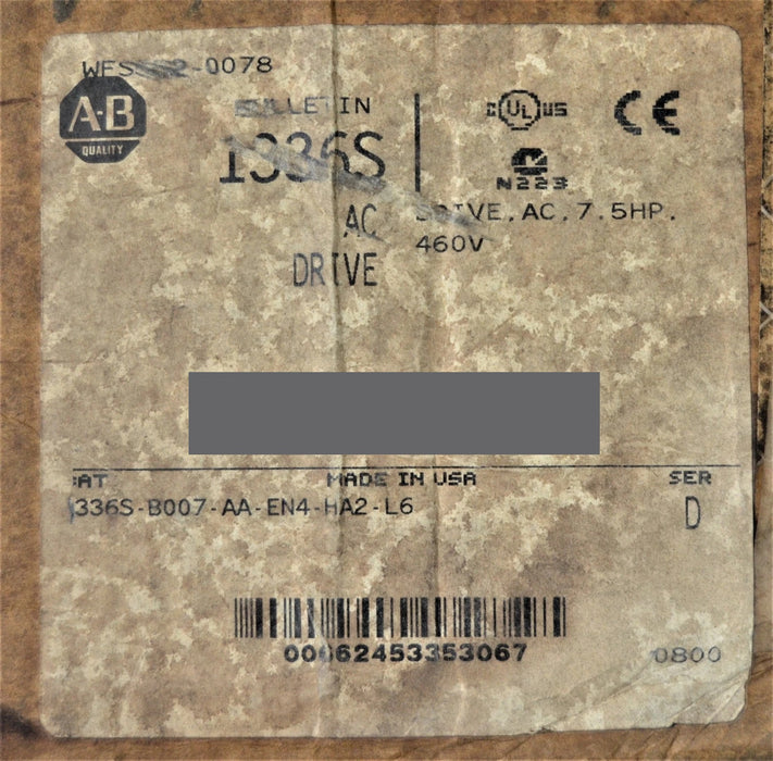 NEW ALLEN BRADLEY ADJUSTABLE FREQUENCY DRIVE 1336S-B007-AA-EN4-HA2-L6 SER. D NIB