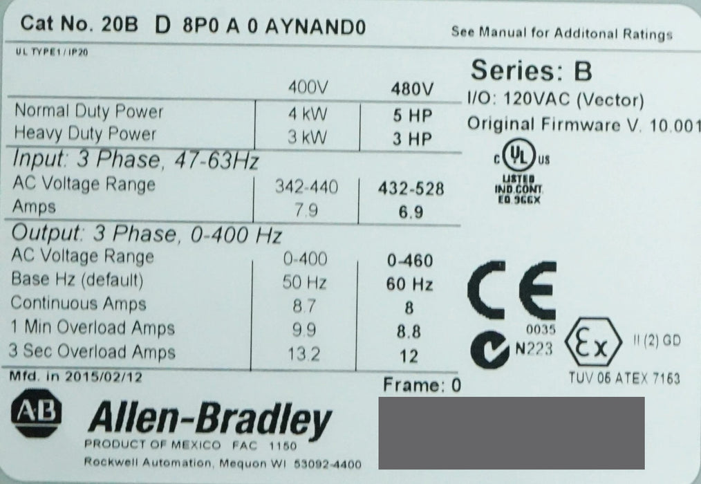 Allen-Bradley 20BD8P0A0AYNAND0 PowerFlex 700 5HP 480VAC Tested Good FRN:10.001