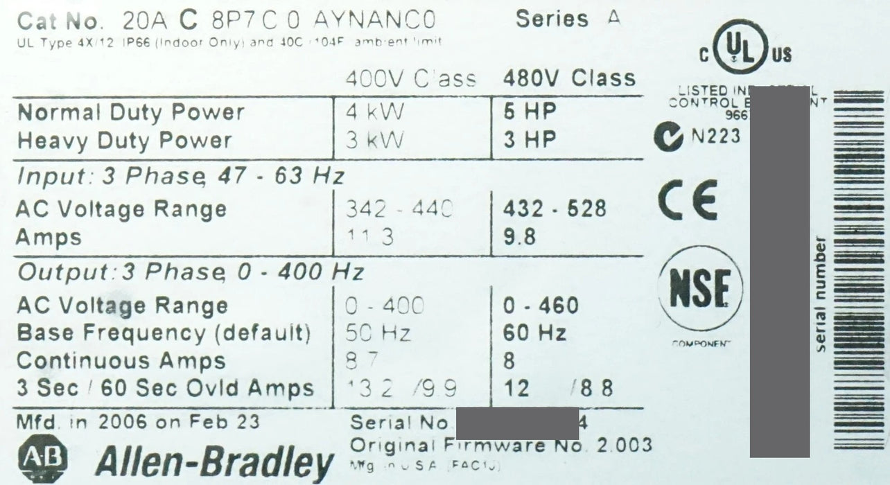 New Allen-Bradley 20AC8P7C0AYNANC0 5HP 480V Powerflex 70 FRN:2.003