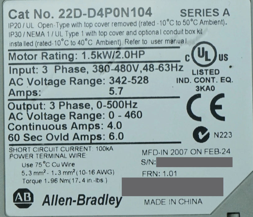 Allen-Bradley 22D-D4P0N104 PowerFlex 40P 2 HP Drive Tested Good FRN:1.01
