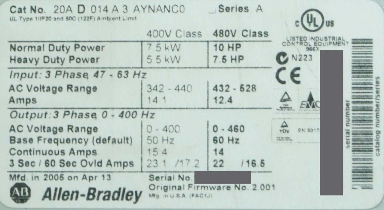 Allen-Bradley 20AD014A3AYNANC0 PowerFlex 70 10HP 480 VAC FRN:2.001 Tested Good
