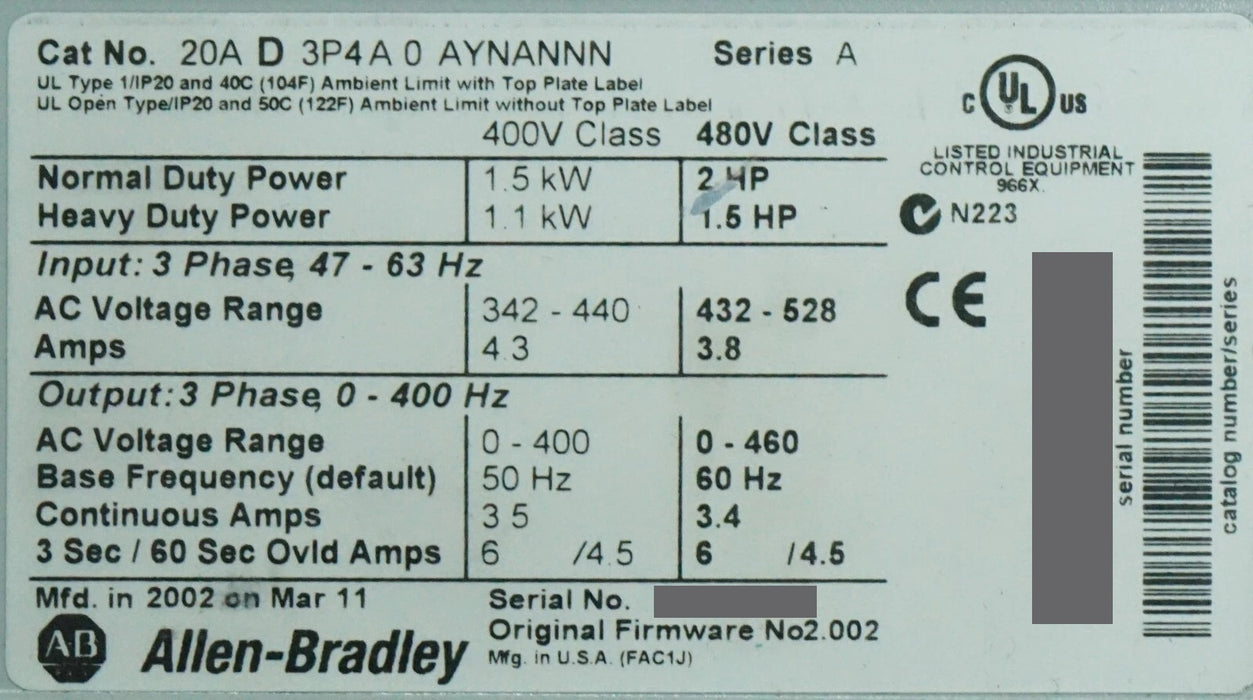 Allen-Bradley 20AD3P4A0AYNANNN PowerFlex 70 2HP 480VAC FRN:2.002