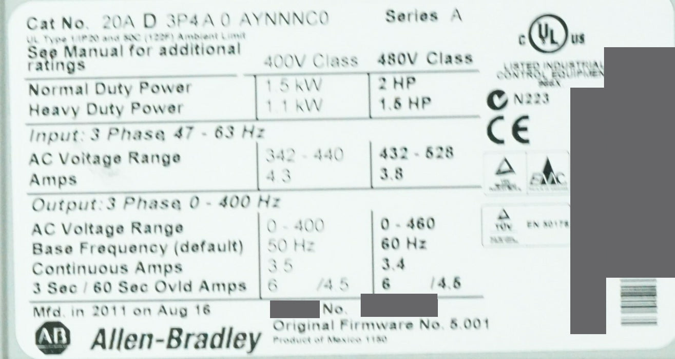 Allen-Bradley 20AD3P4A0AYNNNC0 PowerFlex 70 2HP Low Hours Tested Good FRN:5.001