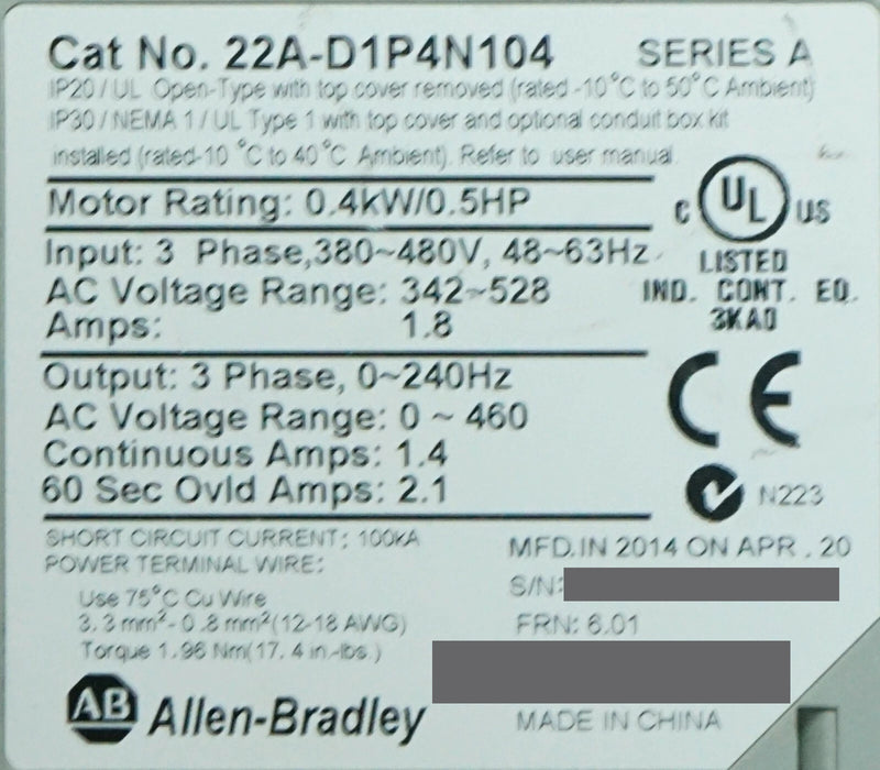 Allen-Bradley 22A-D1P4N104 PowerFlex 4 1/2HP Tested Good FRN:6.01