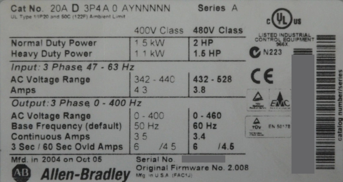 2004 Allen-Bradley PowerFlex 70 2 HP 20AD3P4A0AYNNNNN 480 VAC 3.4 Amp FRN 2.008