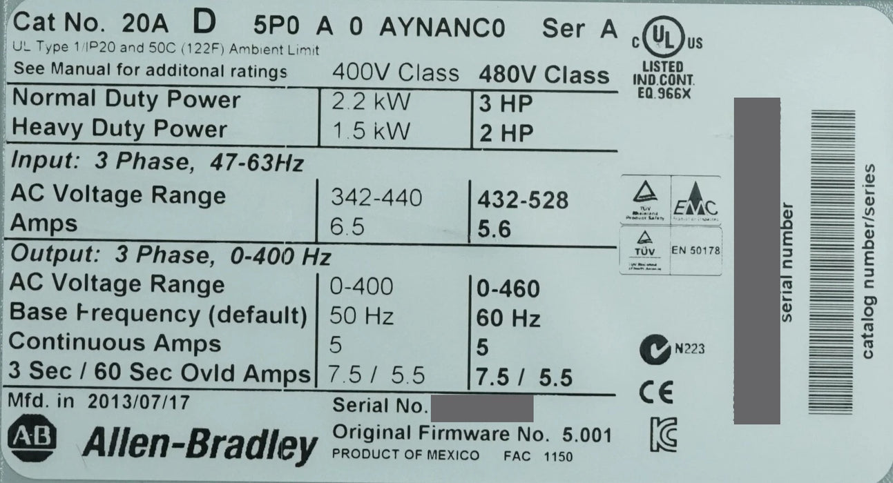 Allen-Bradley PowerFlex 70 3HP 20AD5P0A0AYNANC0 Series A Tested Good FRN:5.001