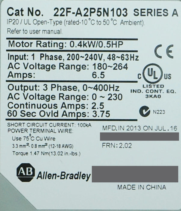 Zero Hours Allen Bradley 22F-A2P5N103 FRN:2.02 1/2HP Series A Tested Good*