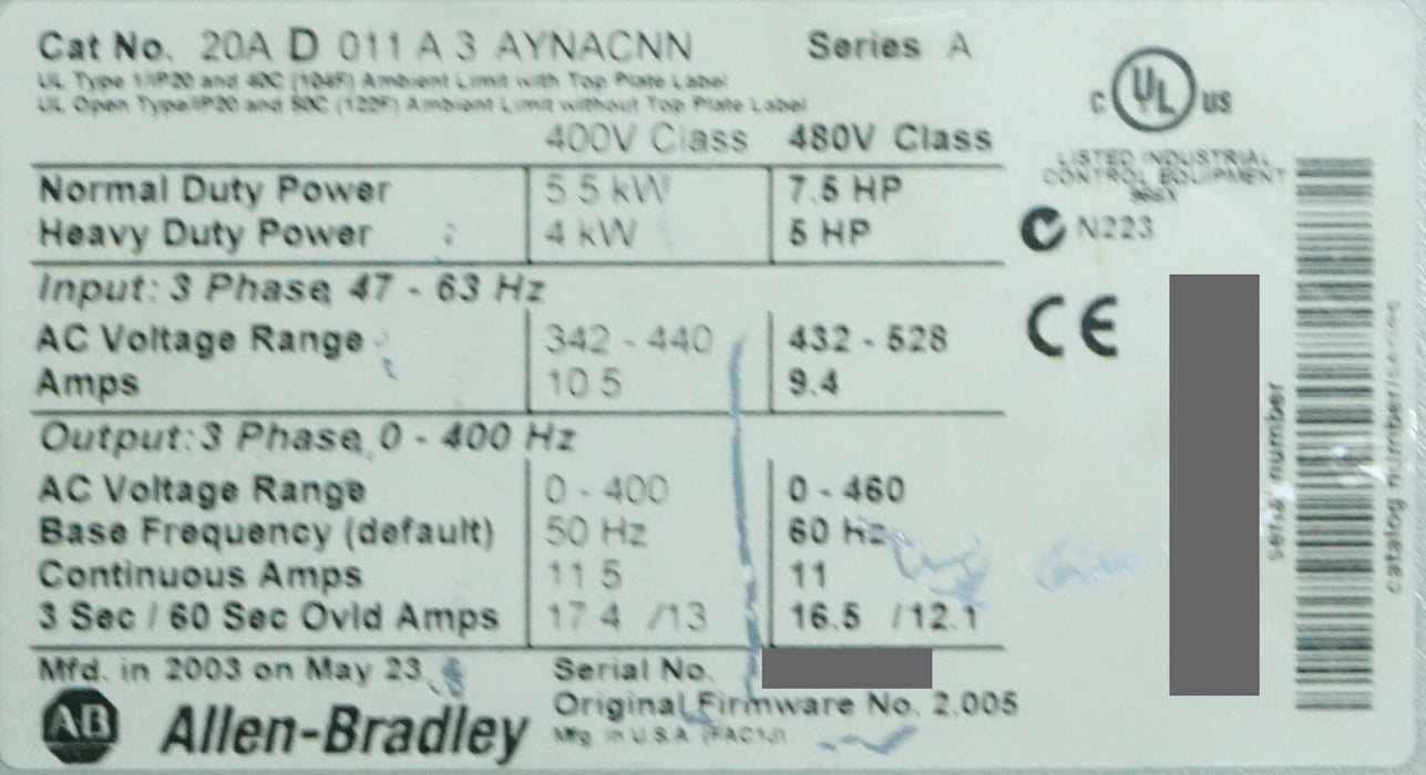 Allen-Bradley 20AD011A3AYNACNN PowerFlex 70 7.5 HP 480VAC Series A FRN:2.005