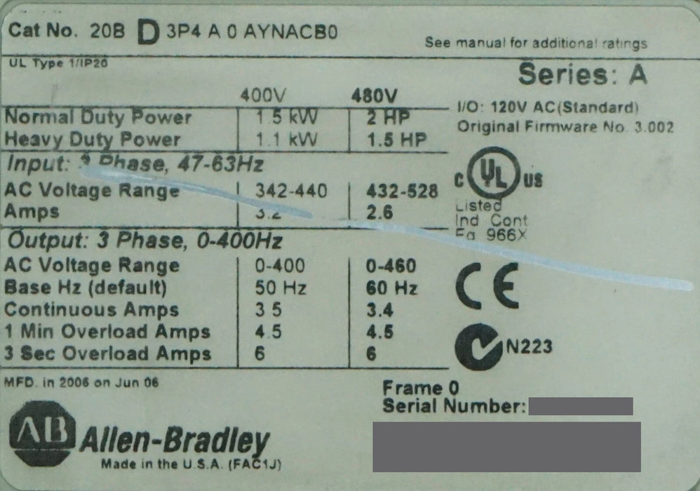 Allen-Bradley PowerFlex 700 2 HP 20BD3P4A0AYNACB0 480 VAC Series A FRN:3.002