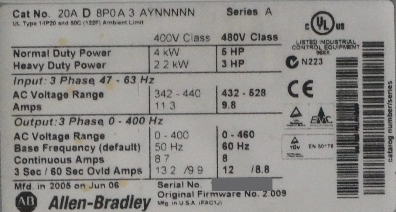 Allen-Bradley Powerflex 70 5 HP 20AD8P0A3AYNNNNN Series A FRN:2.009