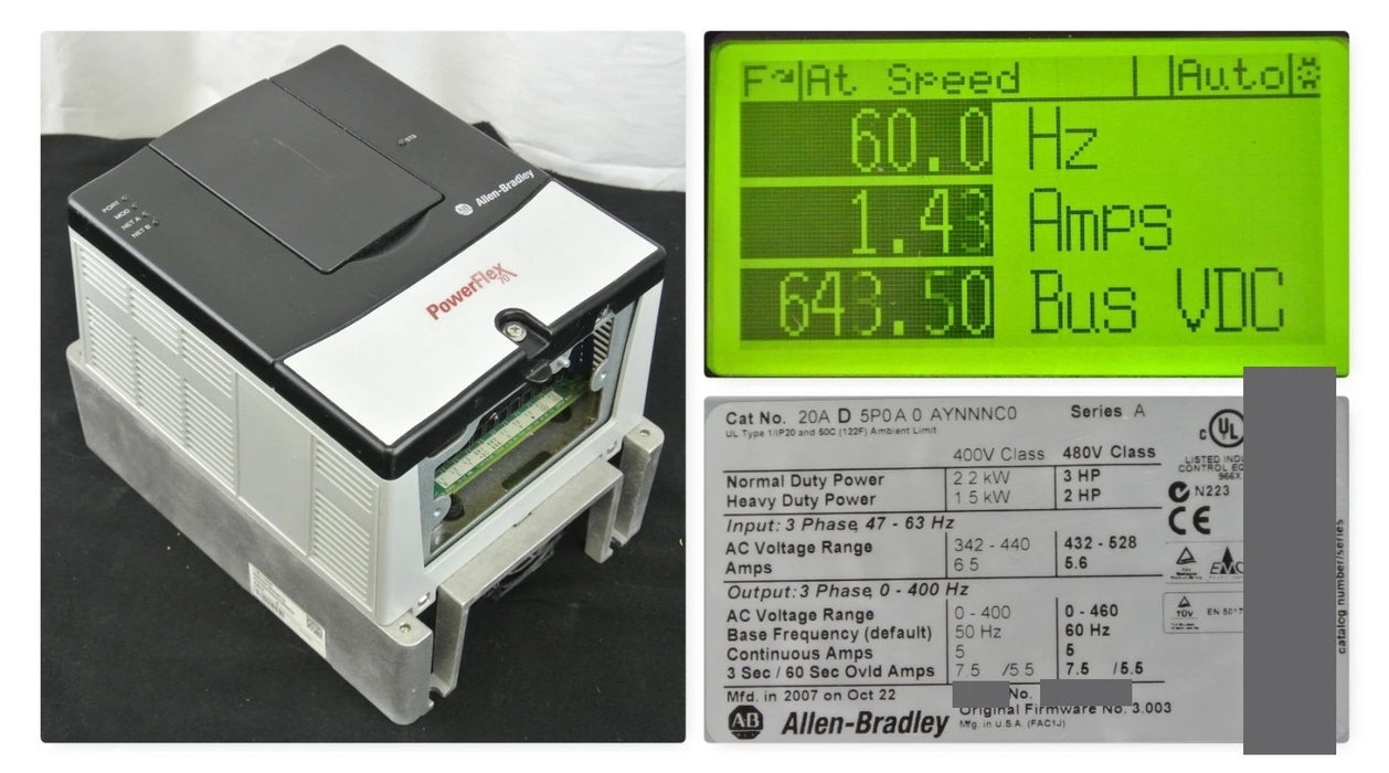 Allen-Bradley 20AD5P0A0AYNNNC0 PowerFlex 70 3HP 480VAC Clean Tested Good