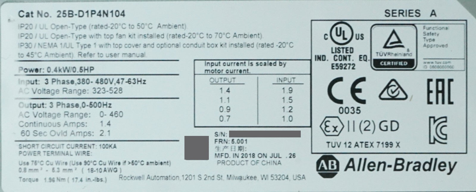 Allen-Bradley 25B-D1P4N104 PowerFlex 525 .5HP Series A FRN:5.001 Tested