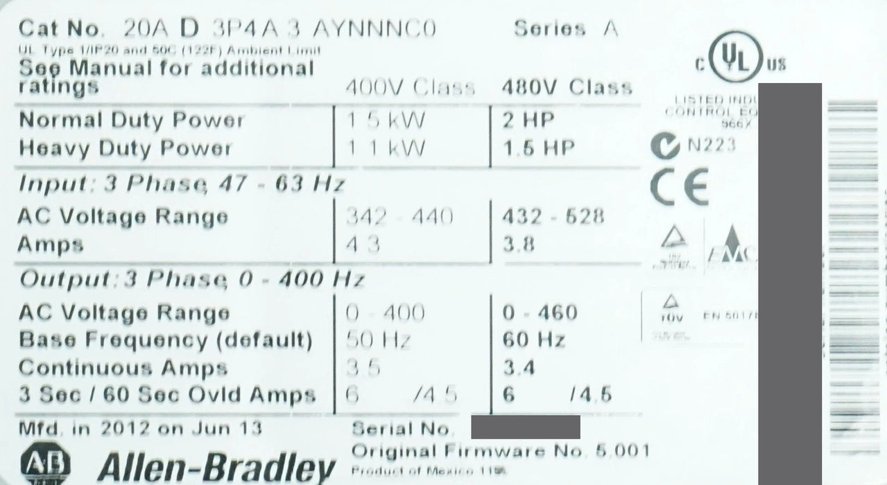 Allen-Bradley PowerFlex 70 2 HP 20AD3P4A3AYNNNC0 480 VAC Tested Clean