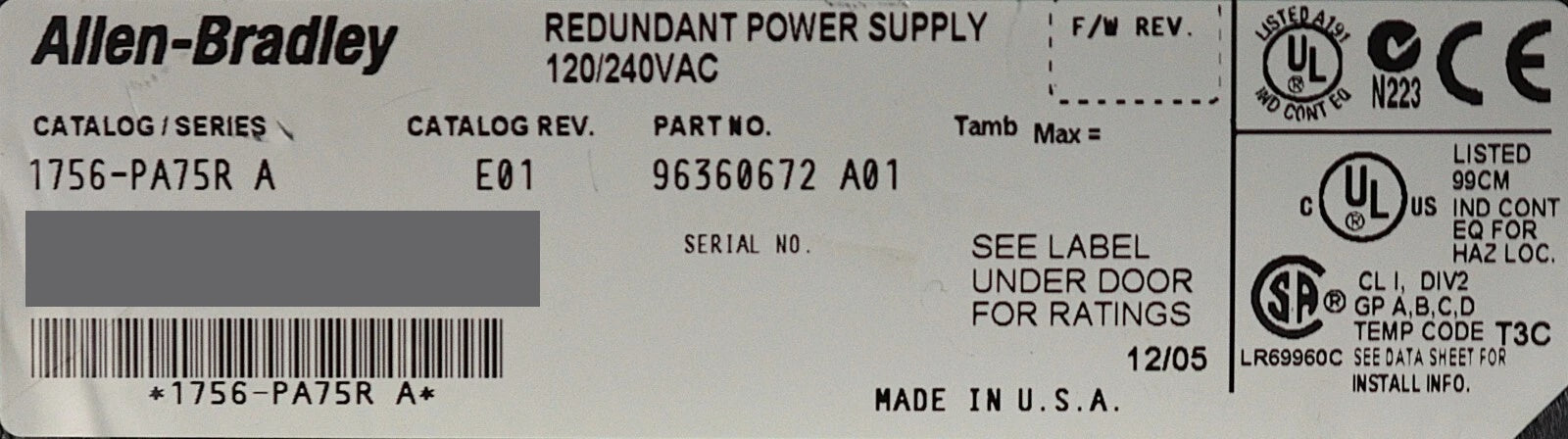 Allen-Bradley 1756-PA75R Ser A Redundant Power Supply 75W 120/240V ControlLogix