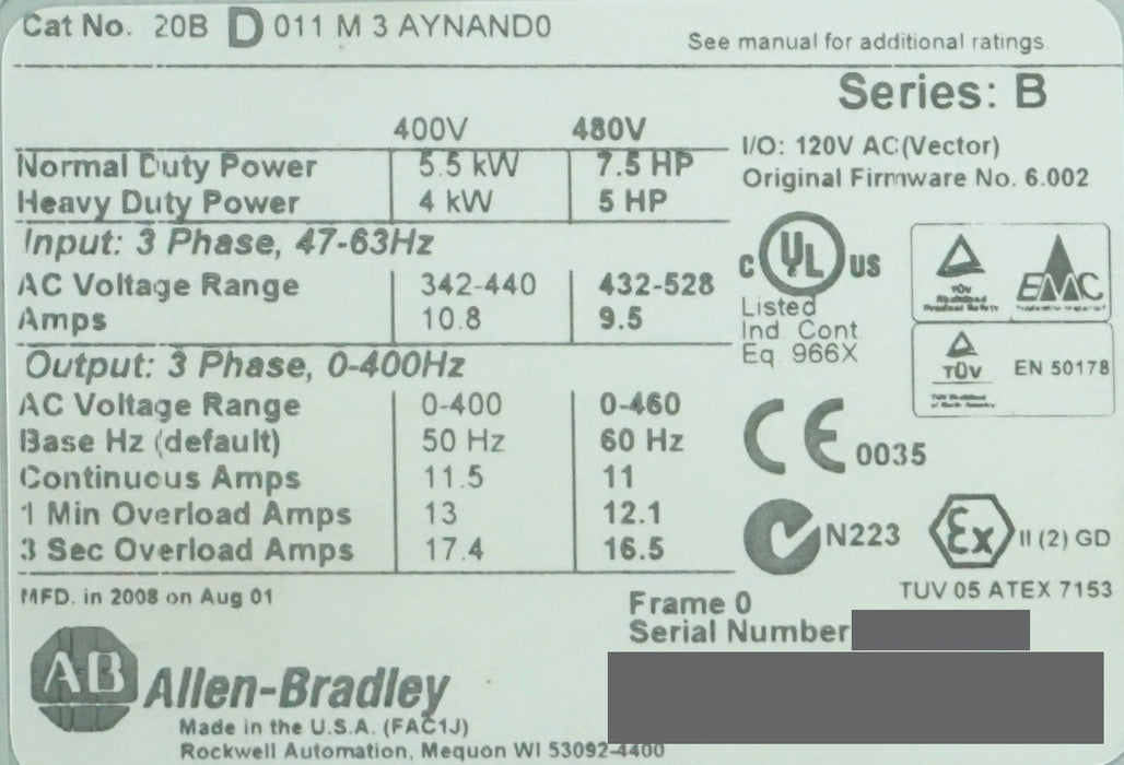 Allen-Bradley 20BD011M3AYNAND0 PowerFlex 700 7.5 HP FRN:6.002