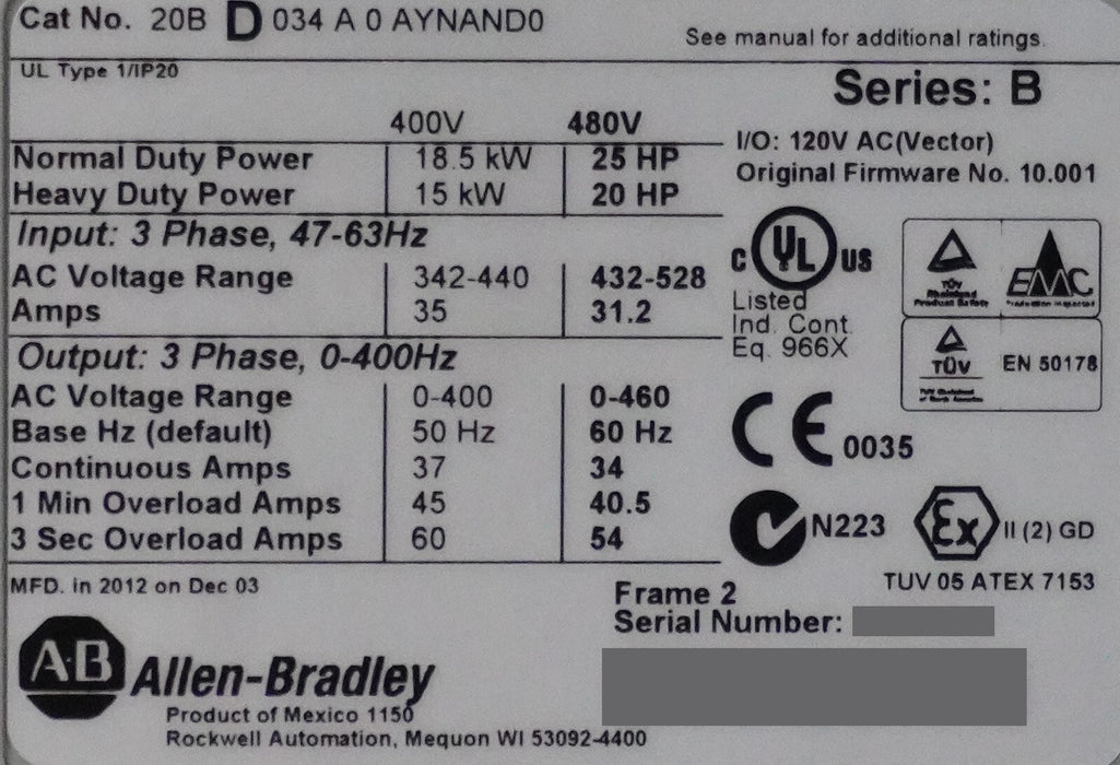 Allen-Bradley 20BD034A0AYNAND0 PowerFlex 700 25HP 480VAC FRN:10.001 Tested