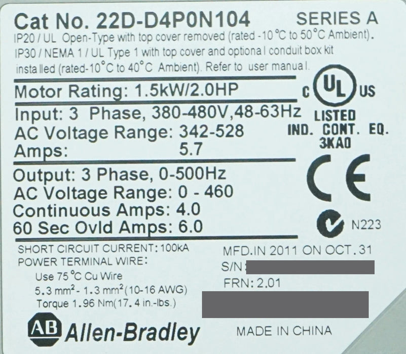 Allen-Bradley 22D-D4P0N104 PowerFlex 40P Drive 2HP Ser. A Zero Hours FRN:2.01