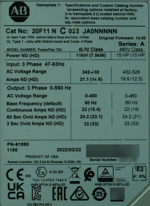 Allen-Bradley 20F11NC022JA0NNNNN PowerFlex 753 15 HP 480 VAC FRN 14.005 Tested