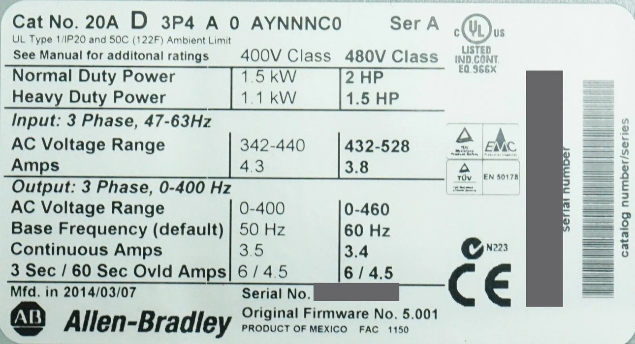 Zero Hr Allen-Bradley PowerFlex 70 2HP 20AD3P4A0AYNNNC0 480 VAC FRN:5.001 Tested