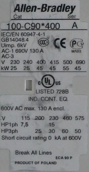 Allen Bradley 100-C90*400 Contactor, For Parts/ Repair
