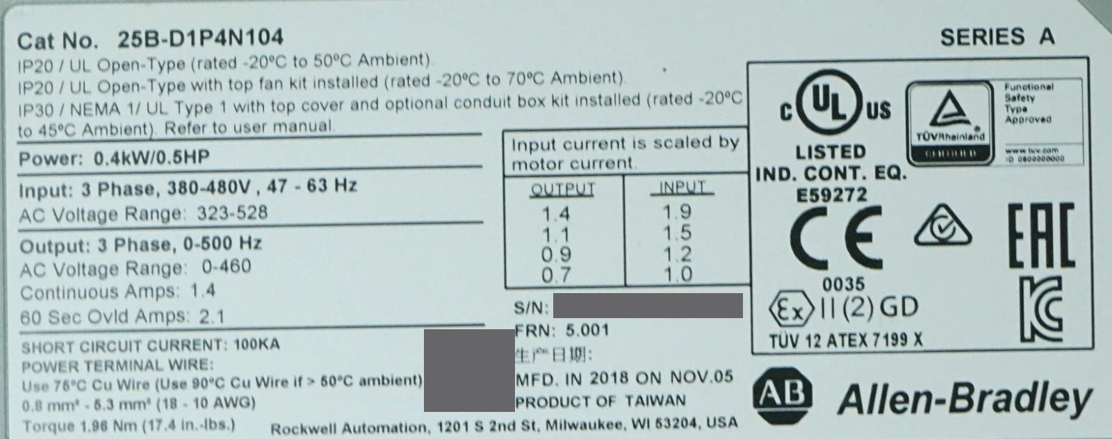 Allen-Bradley 25B-D1P4N104 PowerFlex 525 Low-Hr 1/2HP Series A FRN:5.001 Tested