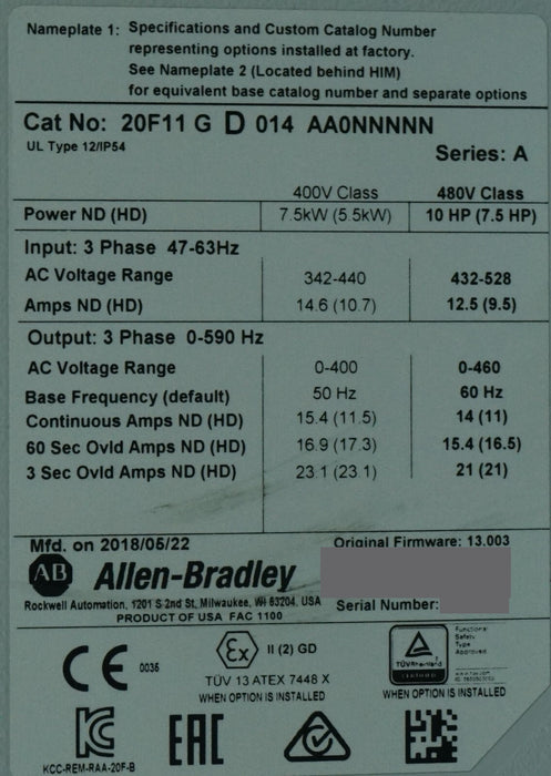 Allen-Bradley 20F11GD014AA0NNNNN PowerFlex 753 10HP Ser. A FRN:13.003 Tested Goo