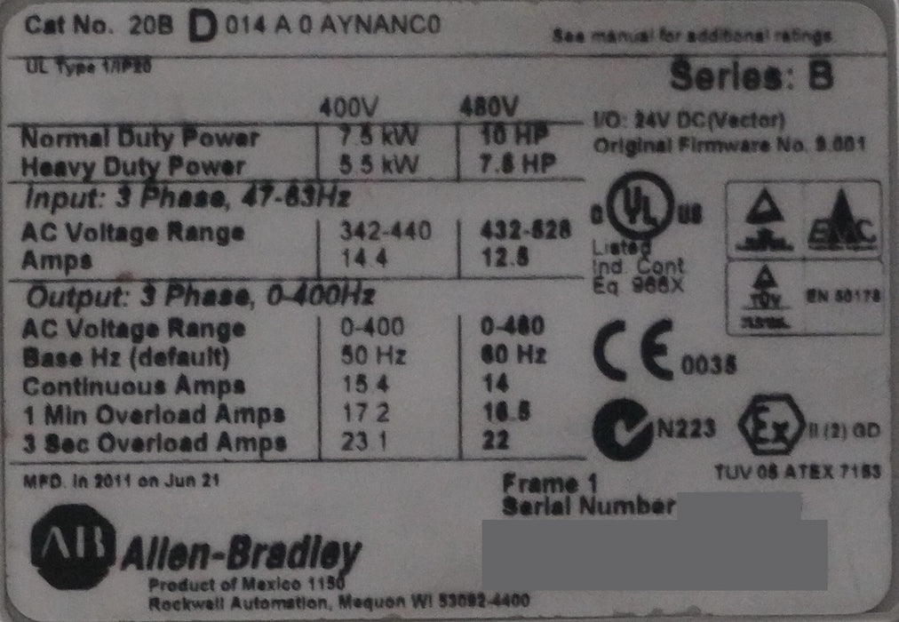 Allen-Bradley PowerFlex 700 10HP 20BD014A0AYNANC0 480 VAC FRN:9.001 Tested Good