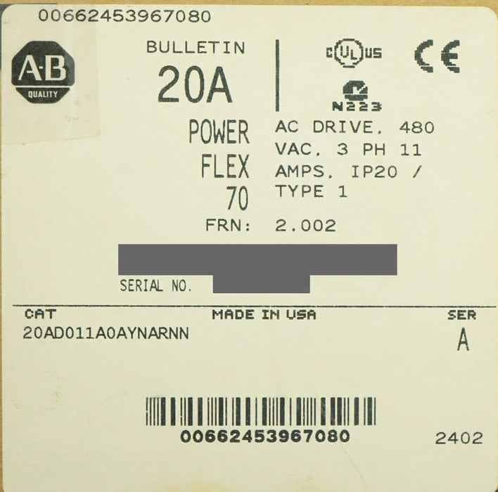 Allen-Bradley 20AD011A0AYNARNN PowerFlex 70 7.5HP 480 VAC FRN:2.002