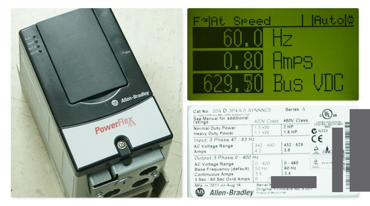 Allen-Bradley 20AD3P4A0AYNNNC0 PowerFlex 70 2HP Low Hours Tested Good FRN:5.001