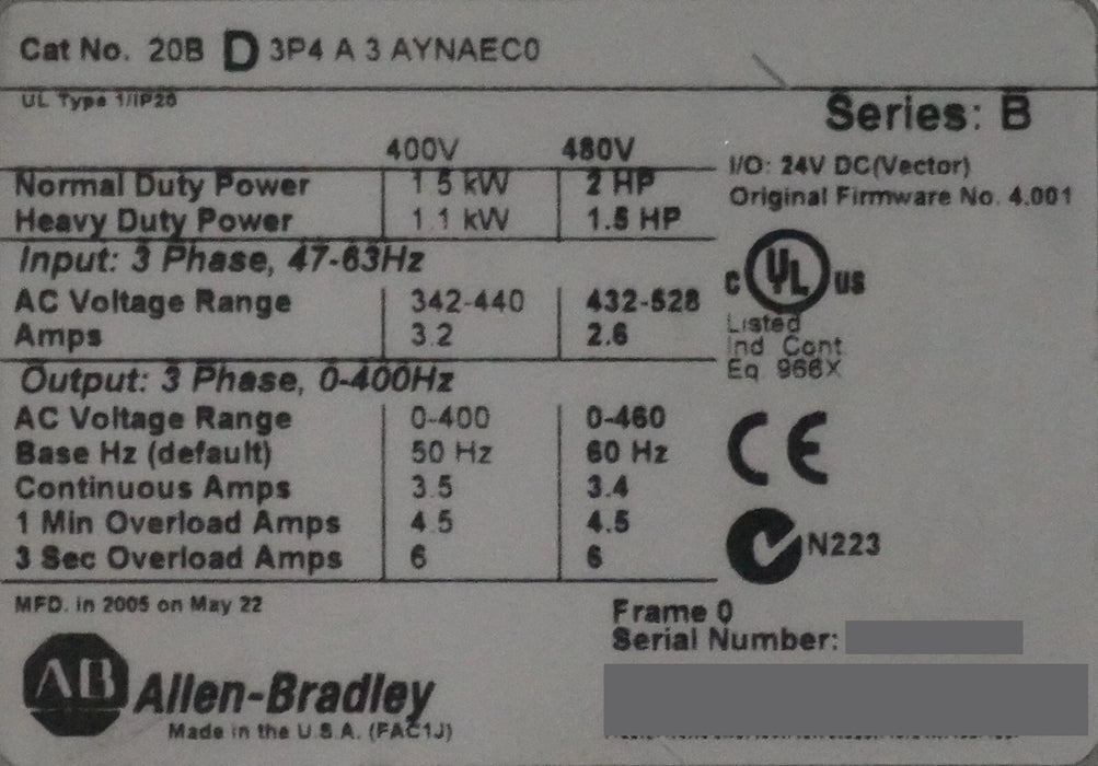 Allen-Bradley PowerFlex 700 2 HP 20BD3P4A3AYNAEC0 480 VAC Series B FRN:4.001