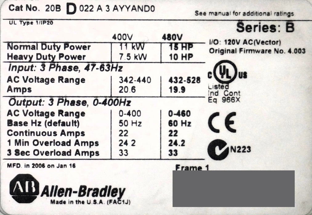 Allen-Bradley 20BD022A3AYYAND0 PowerFlex 700 15 HP FRN 4.003 w/20-HIM-A3 Keypad