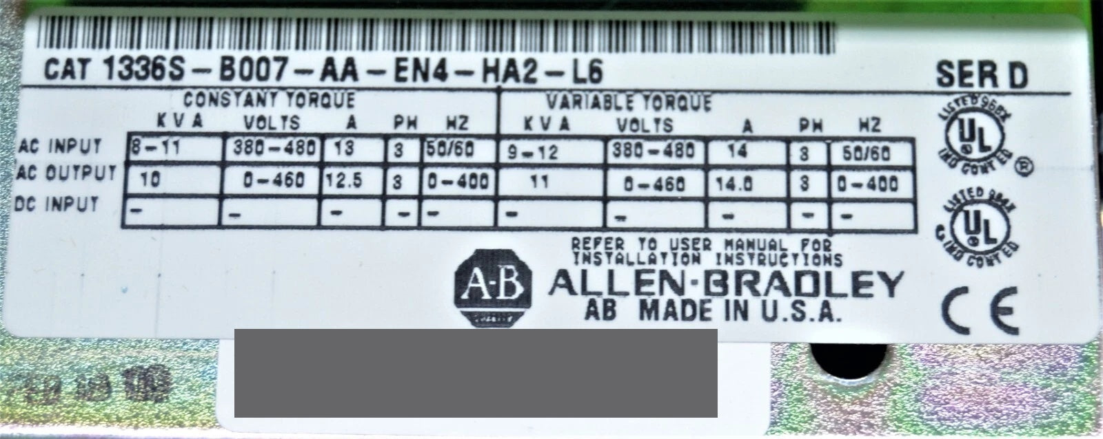 NEW ALLEN BRADLEY ADJUSTABLE FREQUENCY DRIVE 1336S-B007-AA-EN4-HA2-L6 SER. D NIB