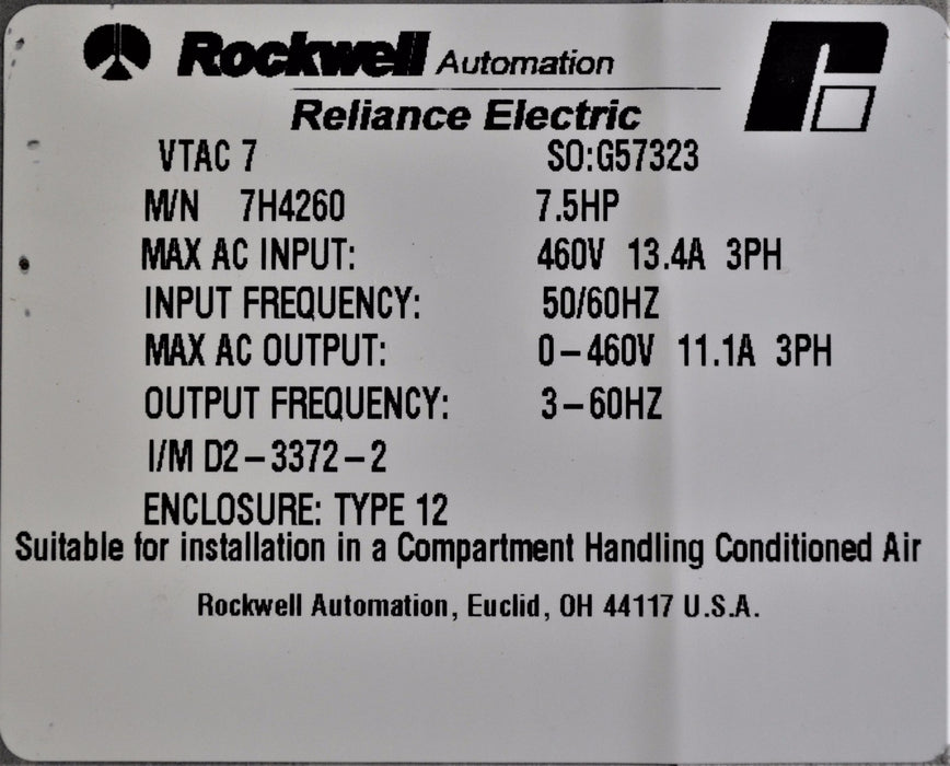 Reliance GV3000/SE 7V4260 VTAC 7 7H4260 7.5 HP FW 6.07 AC Drive Tested Good