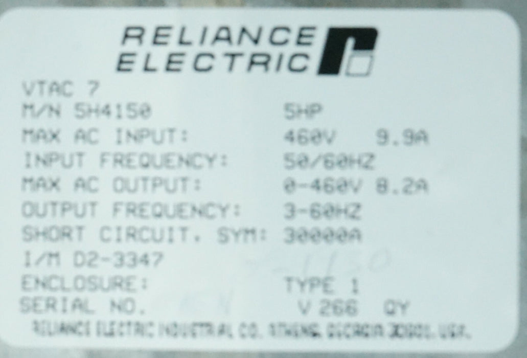 Reliance Electric VTAC7 HVAC Drive 5H4150 5HP FRM:5.02 - Tested Good