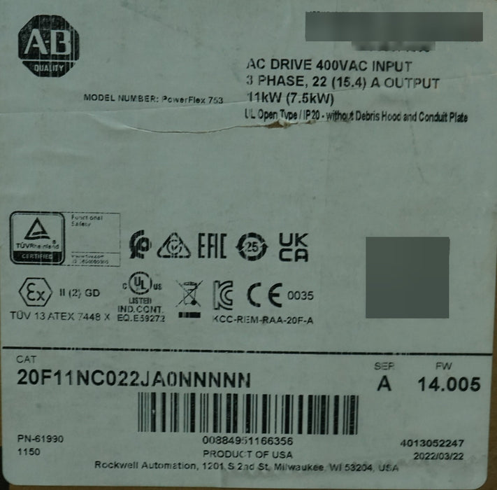 Allen-Bradley 20F11NC022JA0NNNNN PowerFlex 753 15 HP 480 VAC FRN 14.005 Tested