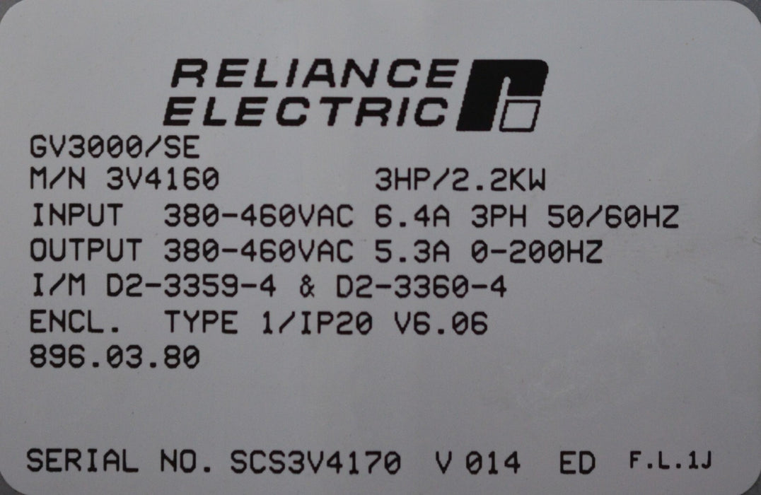 Reliance Electric GV3000/SE Vector 3 HP 3V4160 VER. 6.06 AC Inverter (No Cover)