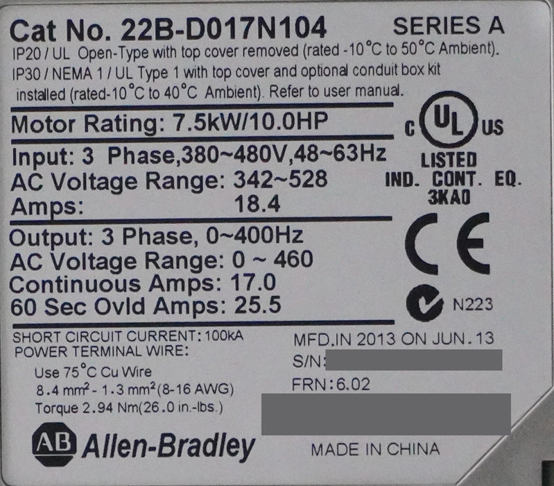 Allen-Bradley 22B-D017N104 PowerFlex 40 10 HP Ser. A Tested Good FRN:6.02