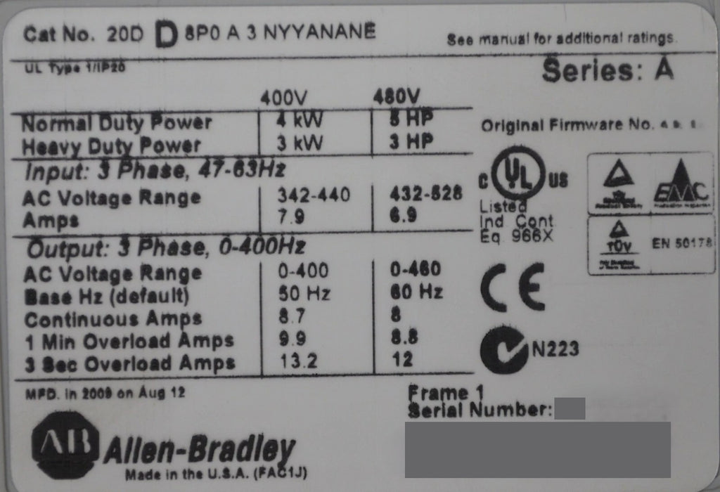 Allen-Bradley 20DD8P0A3NYYANANE PowerFlex 700S 5HP 7266
