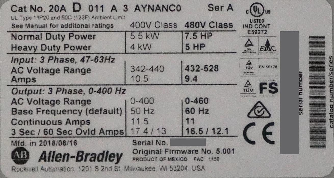 Allen Bradley PowerFlex 70 7.5HP 20AD011A3AYNANC0 480VAC Tested FRN:5.001