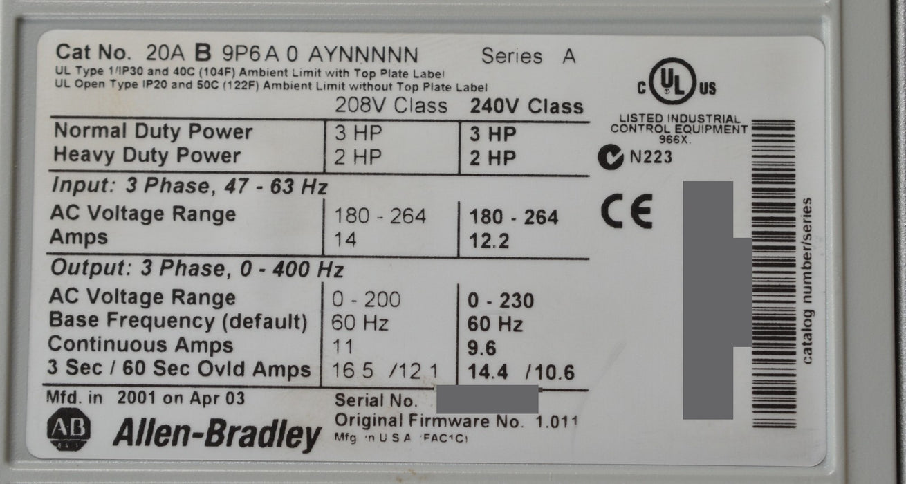 Allen-Bradley 20AB9P6A0AYNNNNN PowerFlex 70 3HP 240V VFD Tested Good