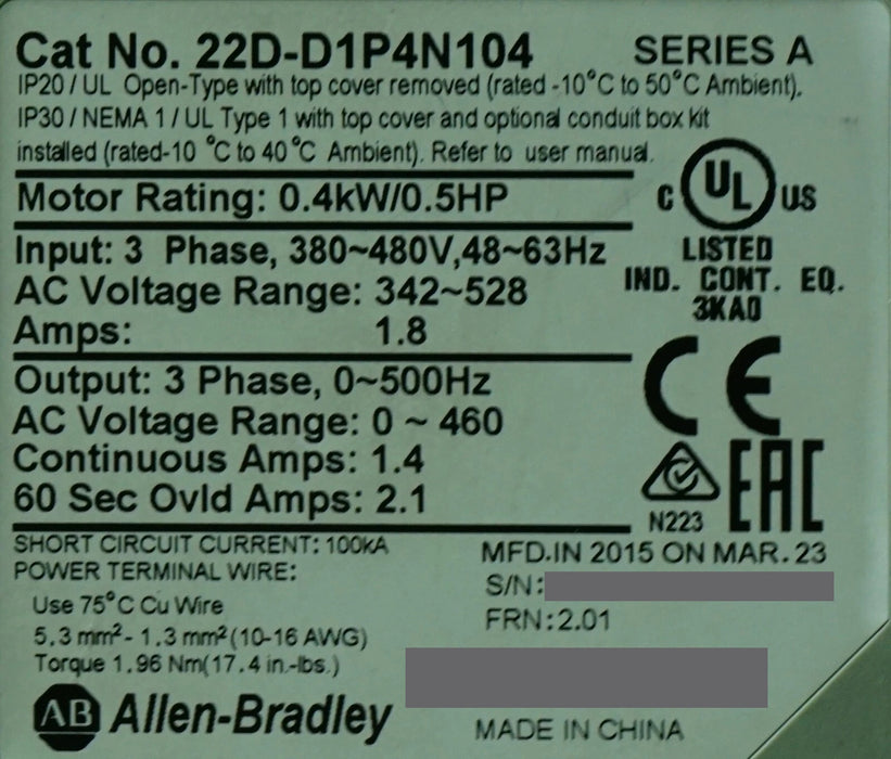Allen-Bradley 22D-D1P4N104 PowerFlex 40P 1/2HP 2015 Tested Good FRN:2.01