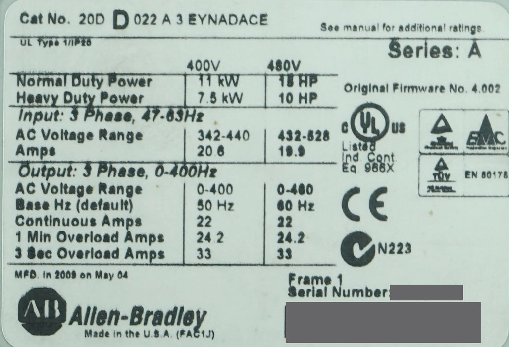 Allen-Bradley 20DD022A3EYNADACE PowerFlex 700S Ser A 15 HP AC Drive FRN:4.002
