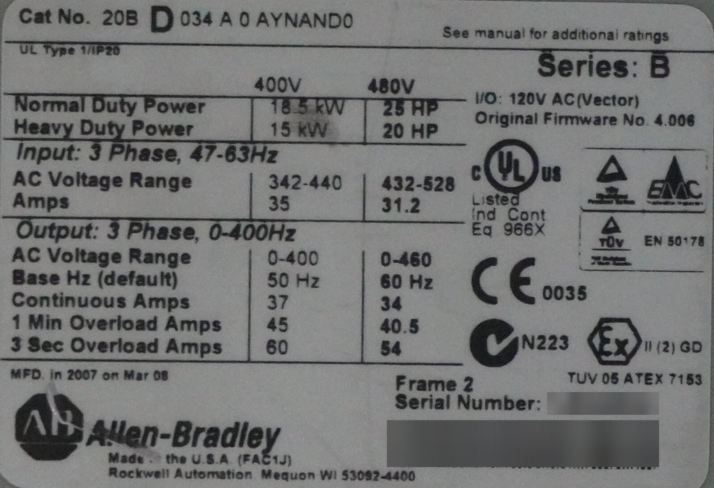 Allen-Bradley 20BD034A0AYNAND0 PowerFlex 700 25HP 480VAC Tested Good FRN:4.006
