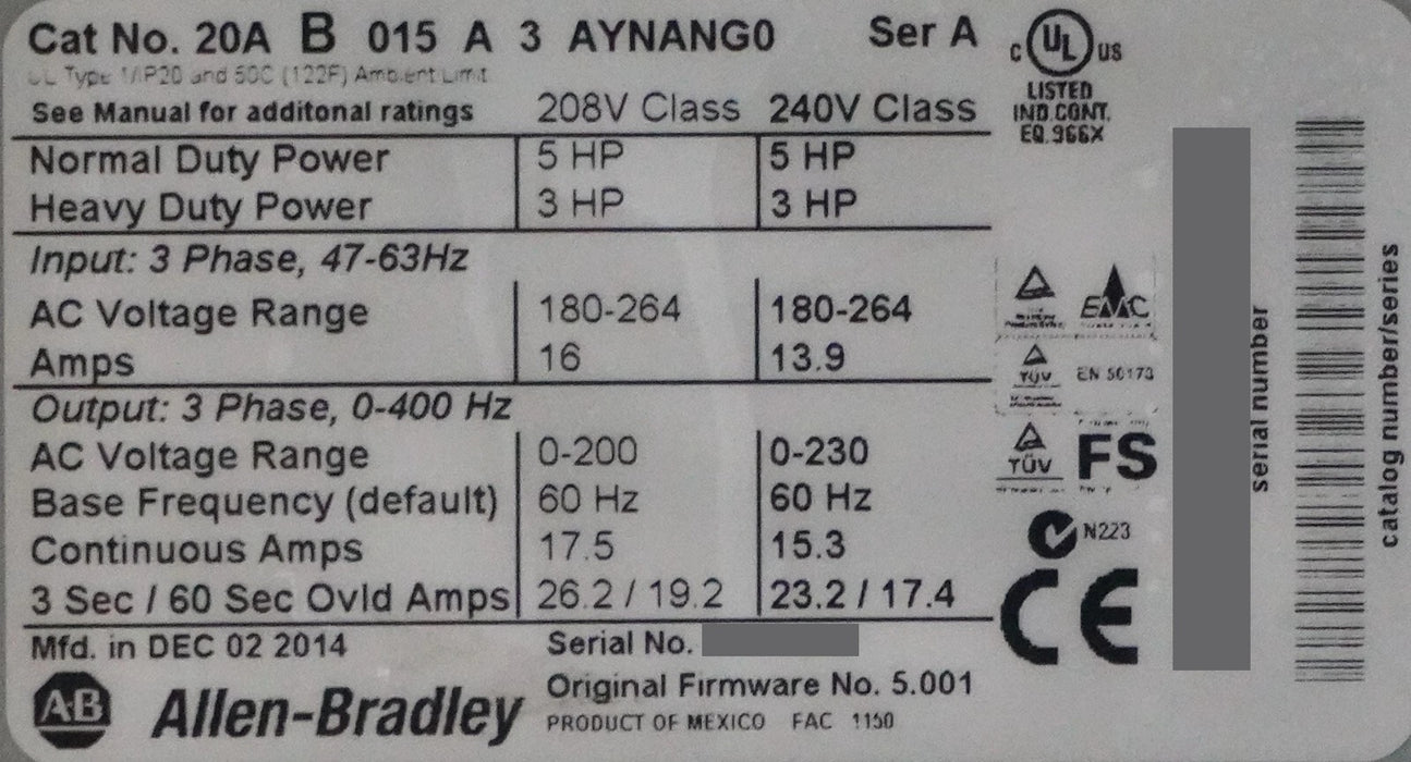 Allen Bradley PowerFlex 70 5HP 20AB015A3AYNANG0 240VAC FRN:5.001