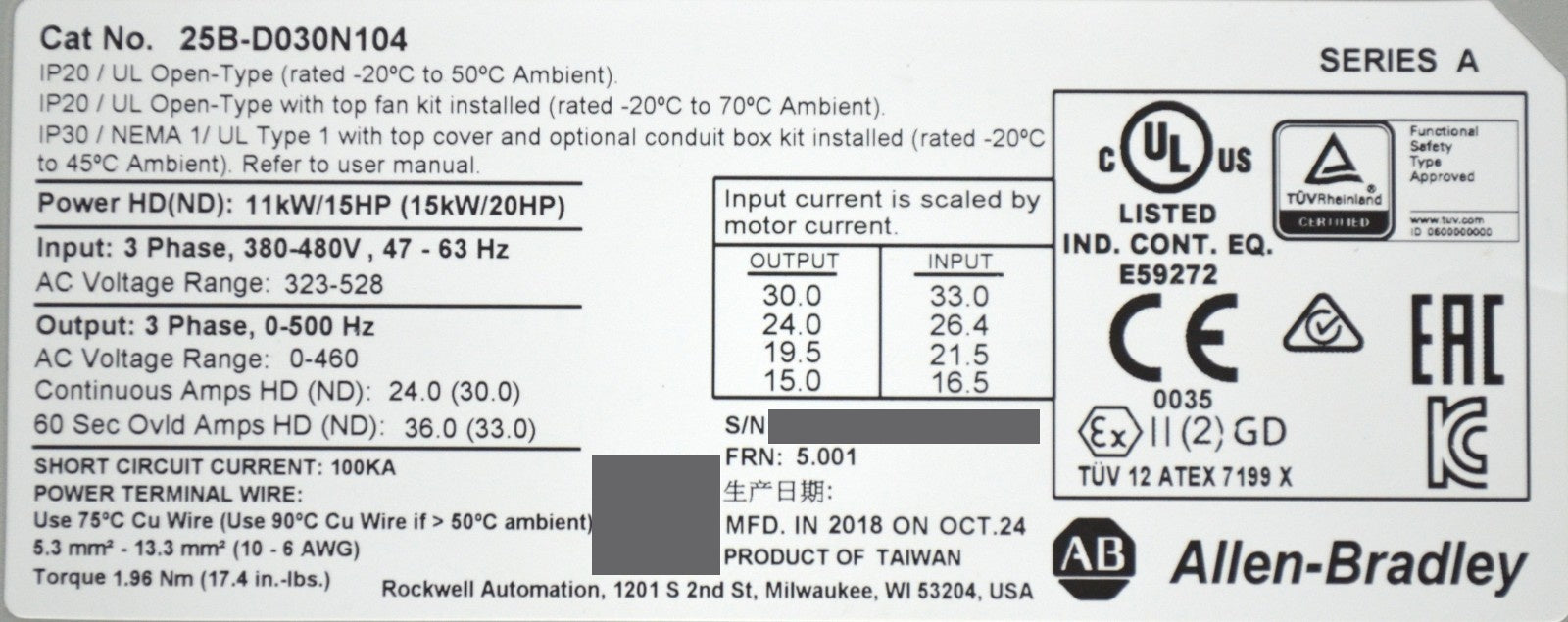 Allen-Bradley 25B-D030N104 PowerFlex 525 20HP Series A FRN: 5.001 2 Available