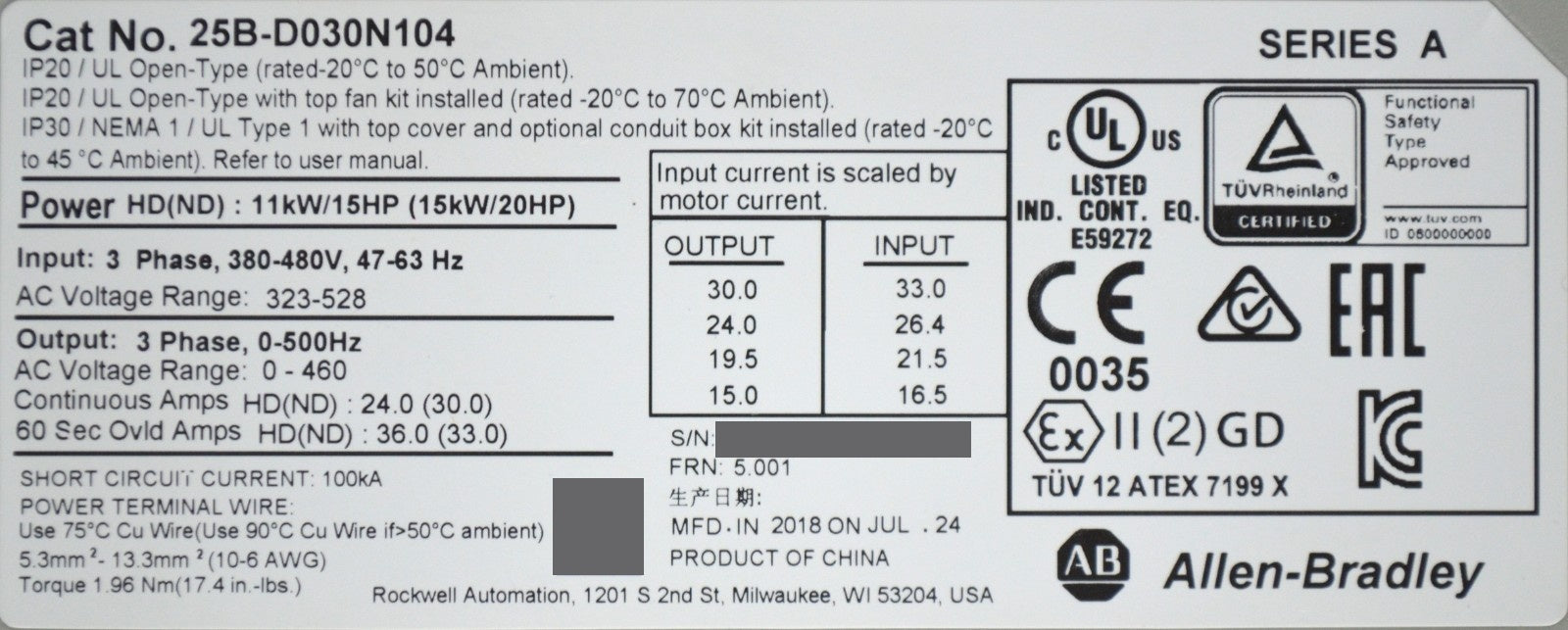 Allen-Bradley 25B-D030N104 PowerFlex 525 20HP Series A FRN: 5.001 2 Available
