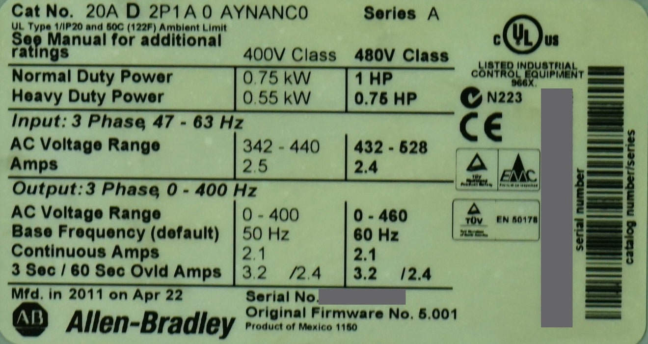 Allen-Bradley 20AD2P1A0AYNANC0 PowerFlex 70 1HP 480V FRN:5.001 Tested Good
